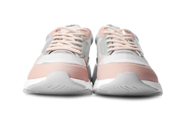 Photo of Pair of stylish sneakers on white background