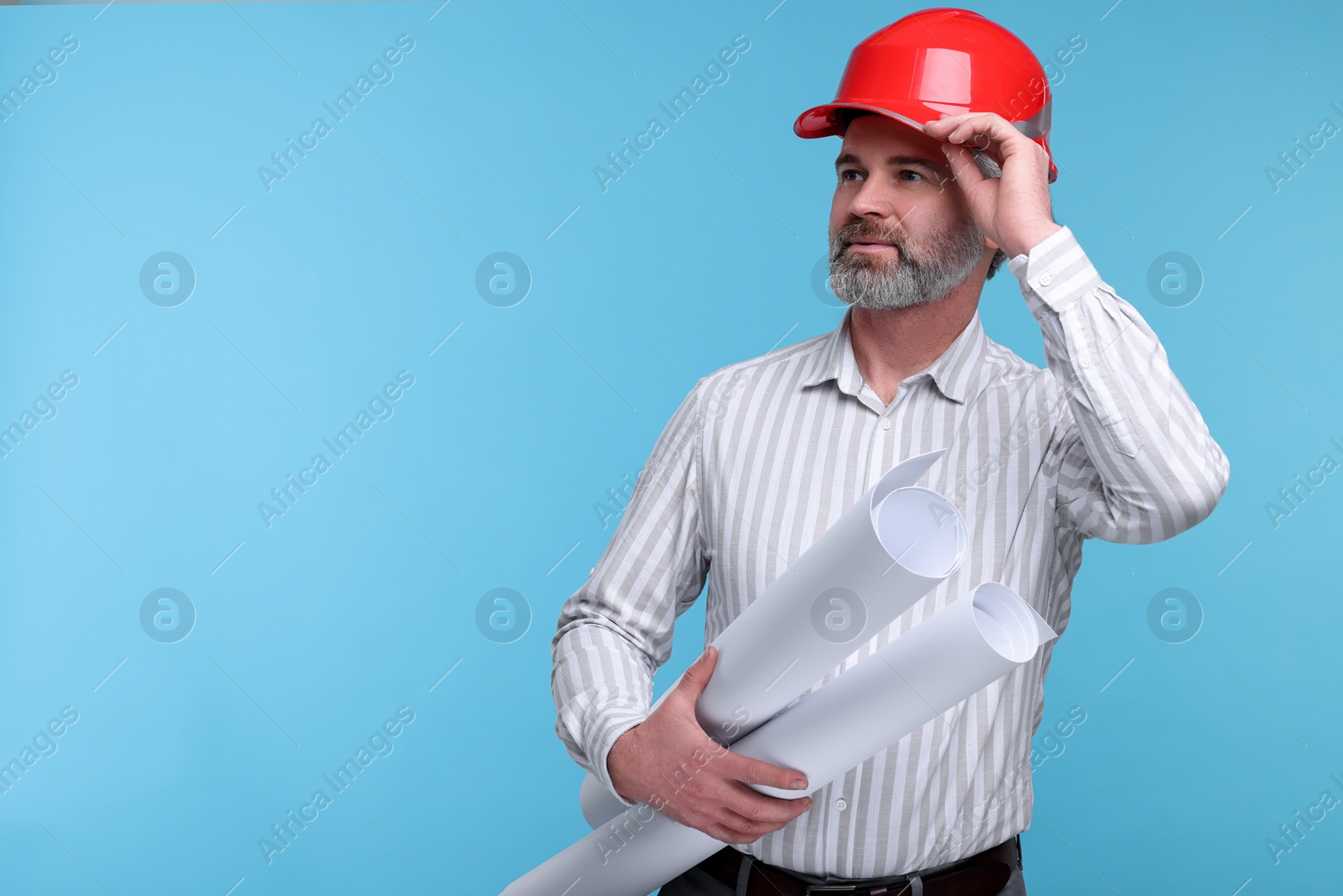 Photo of Architect in hard hat holding drafts on light blue background. Space for text