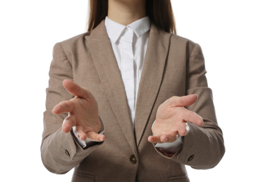 Businesswoman holding something on white background, closeup