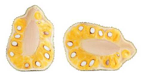 Halves of delicious fresh exotic jackfruit on white background