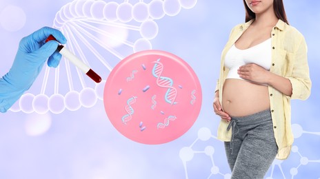 Image of Noninvasive prenatal testing (NIPT). Illustrations of DNA structure between photos of pregnant woman and laboratory worker with test tube of blood sample. Light blue background