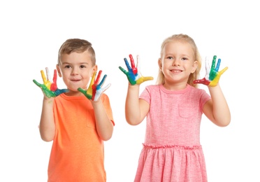 Little children with painted hands on white background