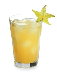 Delicious carambola juice in glass on white background