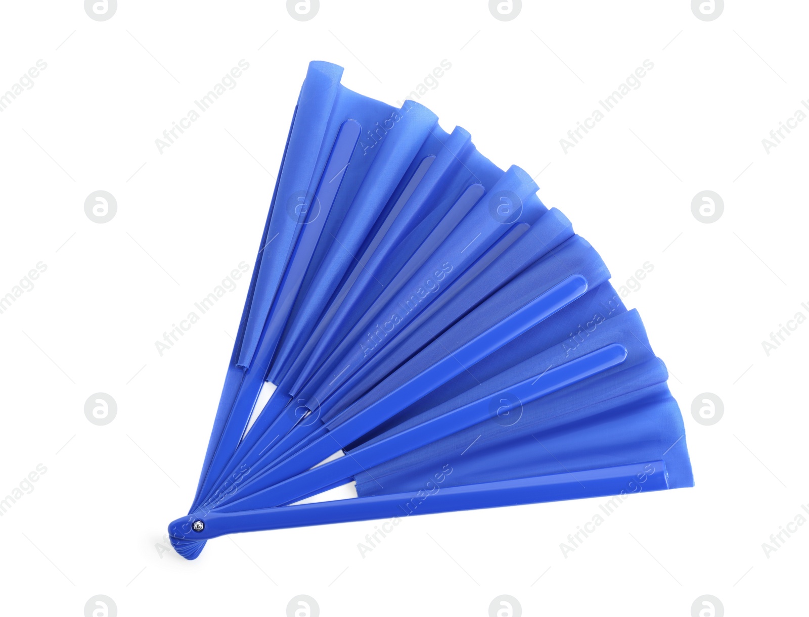 Photo of Bright blue hand fan isolated on white, top view