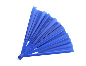 Photo of Bright blue hand fan isolated on white, top view