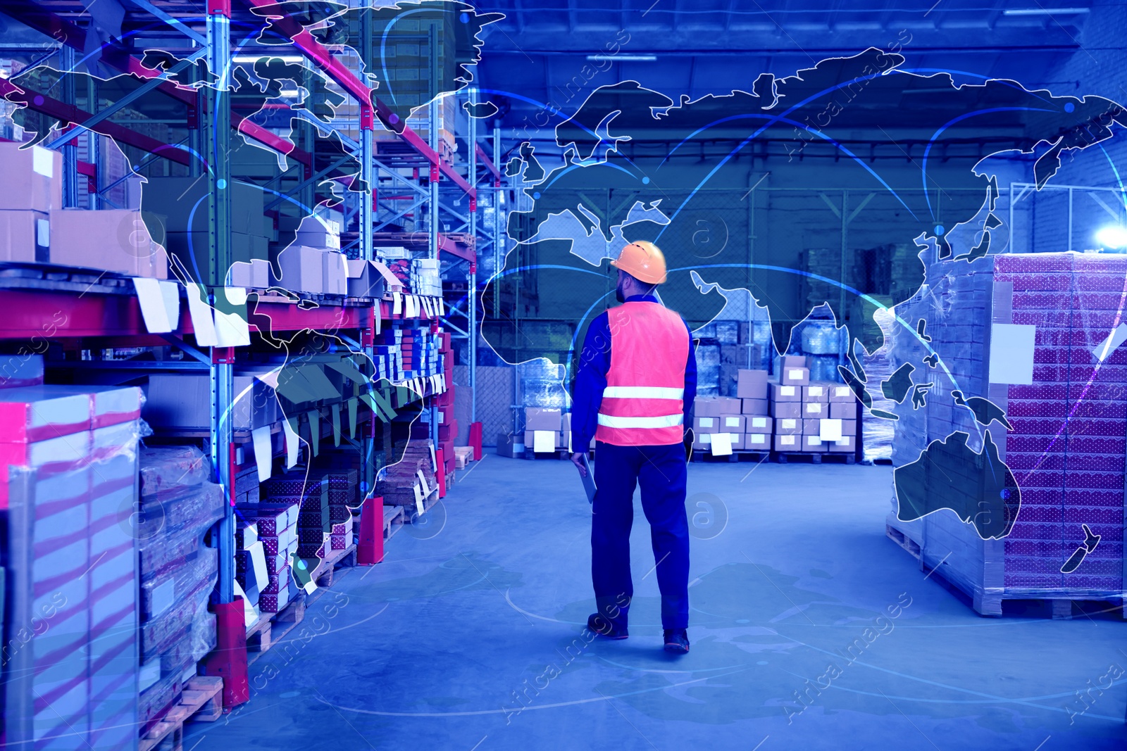 Image of Worldwide logistics. Man with tablet working at warehouse and illustration of map