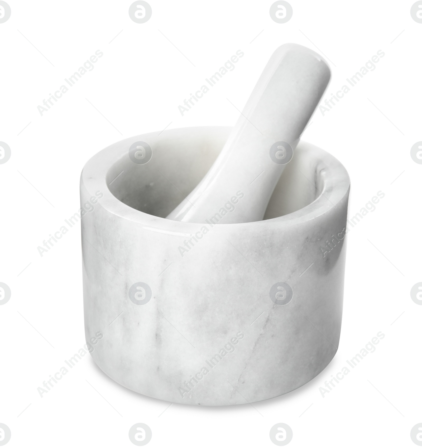 Photo of Modern marble mortar and pestle isolated on white. Cooking utensils