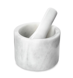Photo of Modern marble mortar and pestle isolated on white. Cooking utensils