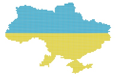 Illustration of Ukraine outline spanned with dots of national flag colors on white background, illustration