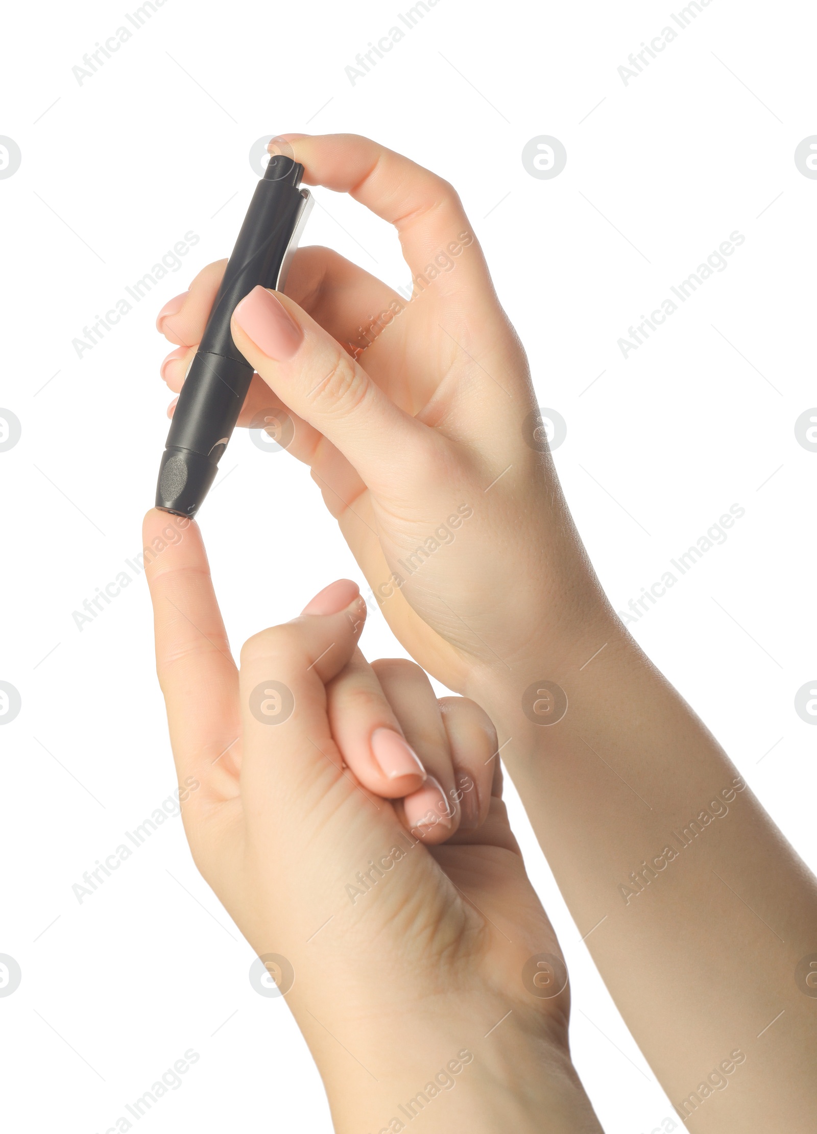 Photo of Diabetes. glucose testing. Woman using lancet pen on white background, closeup