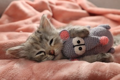 Photo of Cute sleepy kitten with toy on soft pink blanket