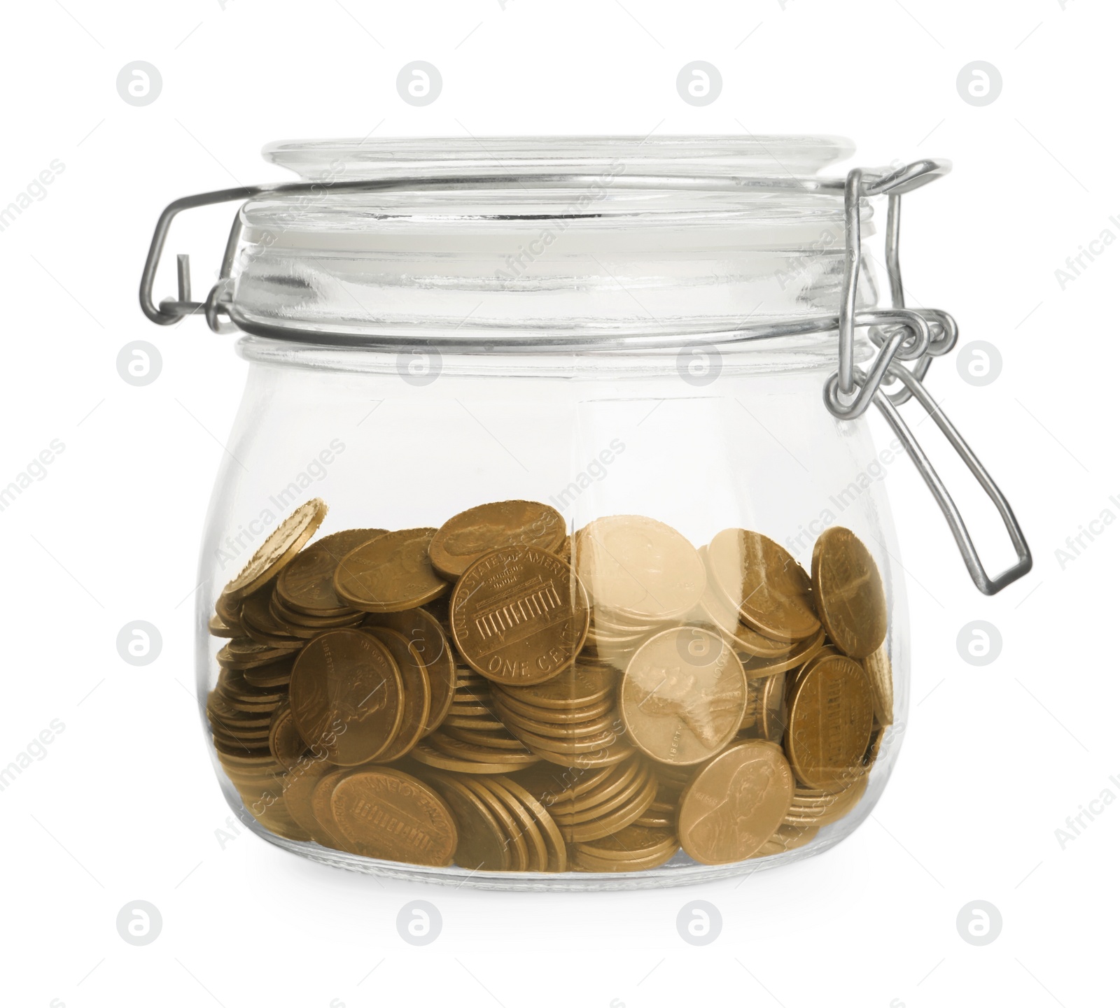 Photo of Glass jar with coins isolated on white