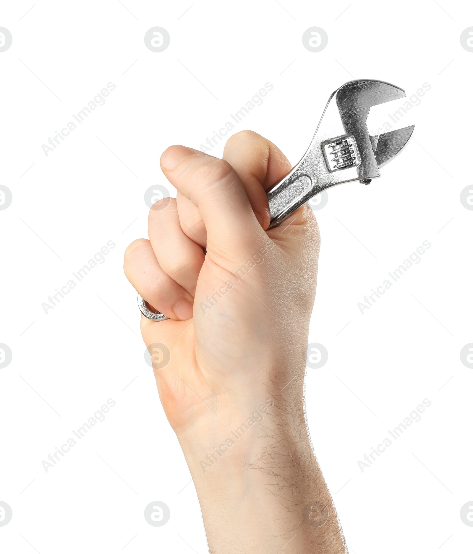 Photo of Man holding adjustable wrench isolated on white, closeup. Plumbing tools