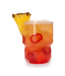 Photo of Spicy pineapple cocktail with chili pepper and ice cubes isolated on white
