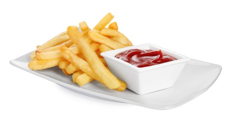 Tasty French fries and ketchup on white background