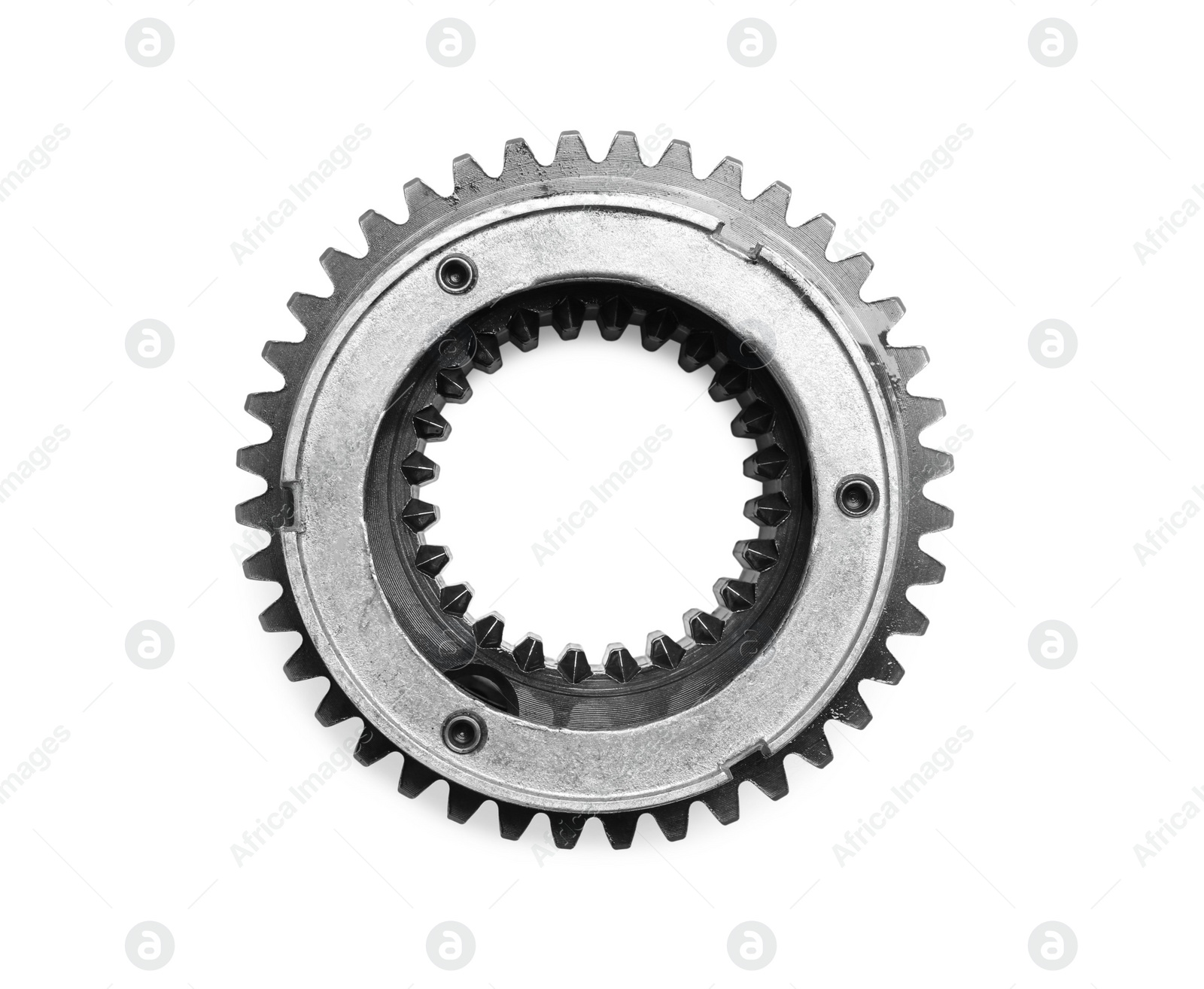 Photo of Stainless steel gear isolated on white, top view