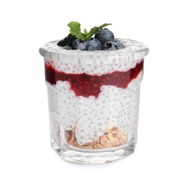 Delicious chia pudding with blueberries and granola on white background