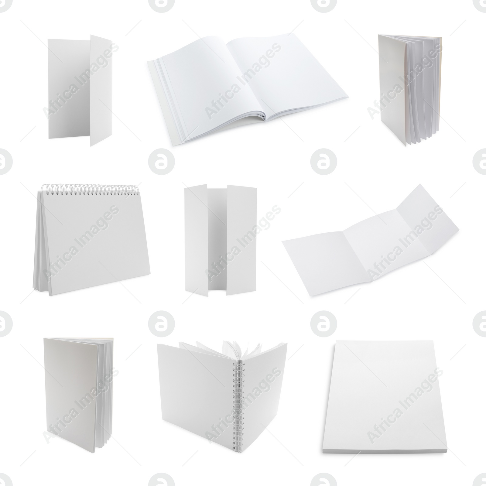 Image of Set with blank paper brochures on white background. Mockup for design