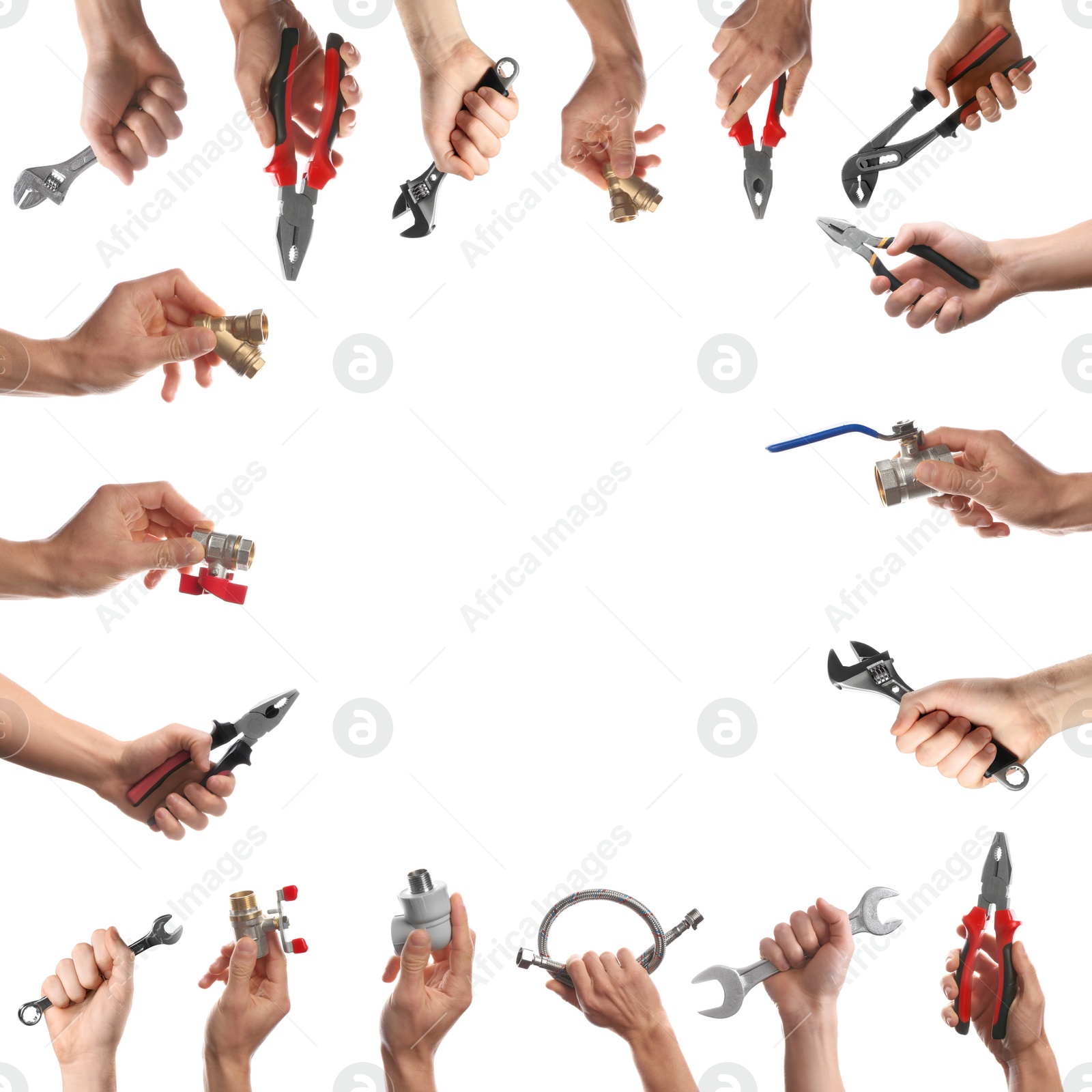 Image of Frame with photos of plumbers holding different tools on white background, closeup