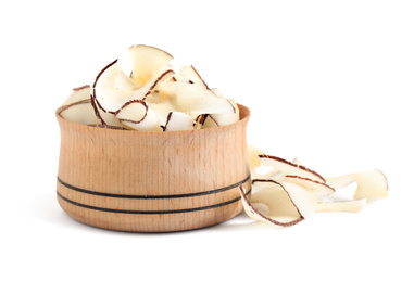 Photo of Tasty coconut chips in wooden bowl isolated on white