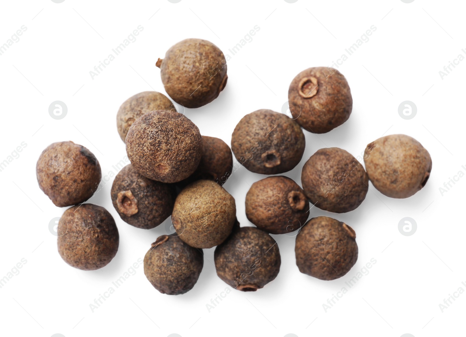 Photo of Dry allspice berries (Jamaica pepper) isolated on white, top view