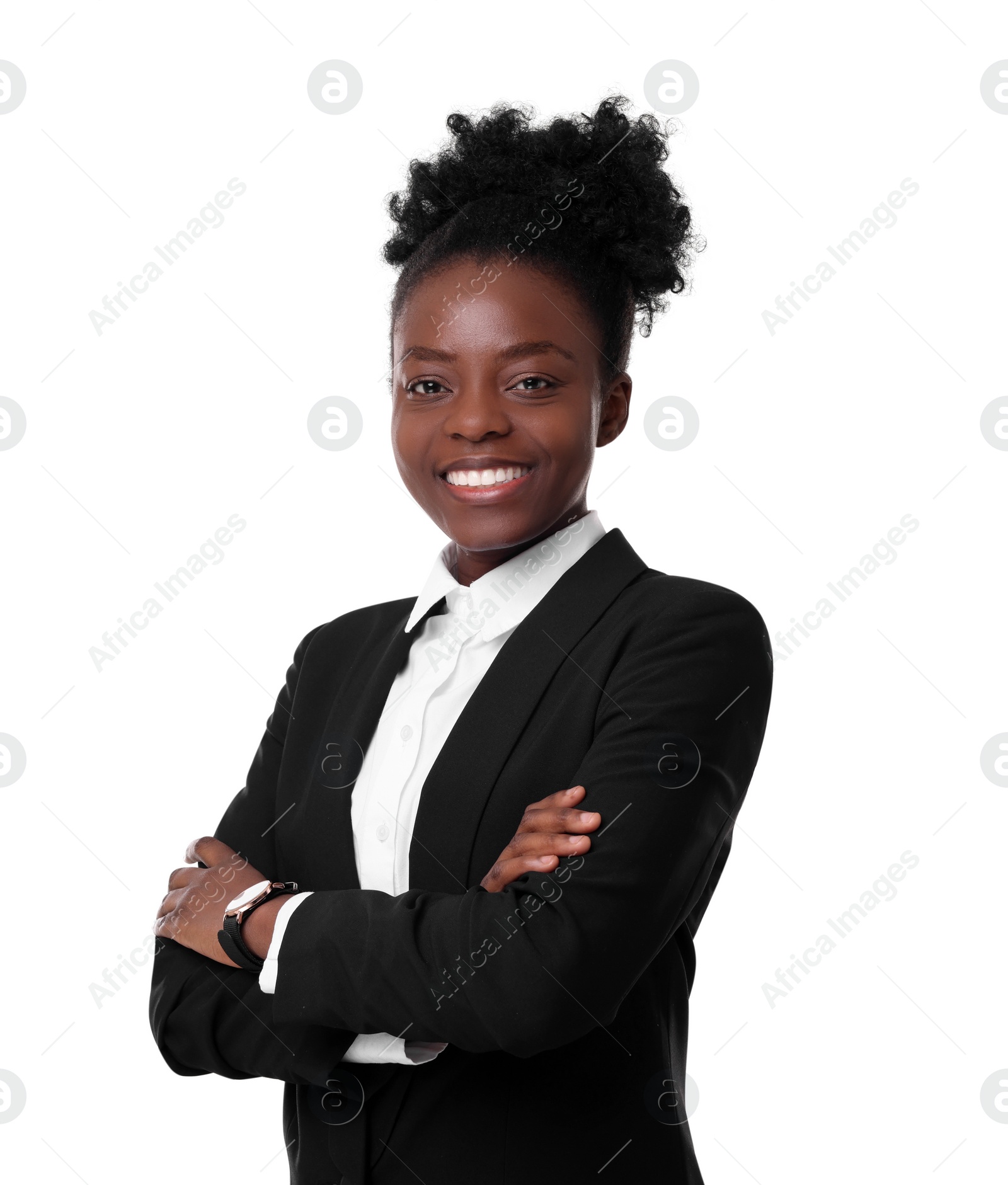 Photo of Portrait of happy woman with crossed arms on white background. Lawyer, businesswoman, accountant or manager