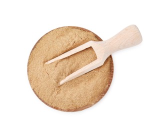 Dietary fiber. Psyllium husk powder in bowl and scoop isolated on white, top view