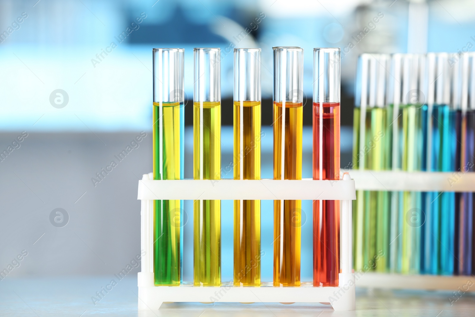 Image of Test tubes with liquid samples on table. Laboratory analysis
