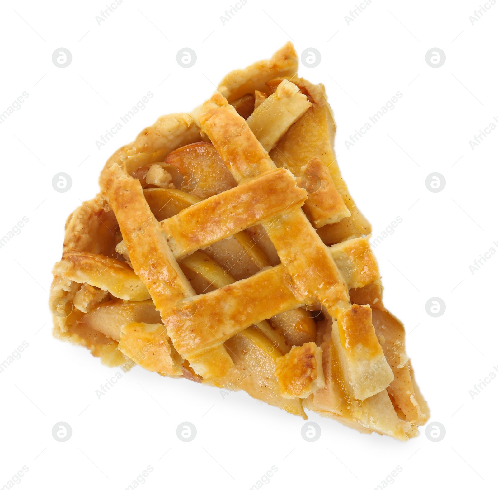 Photo of Piece of tasty homemade quince pie isolated on white, top view