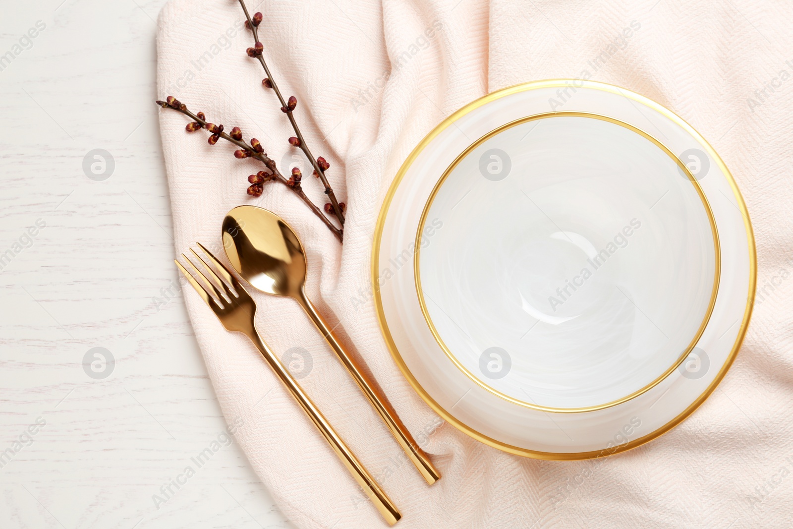 Photo of Stylish elegant table setting on wooden background, top view