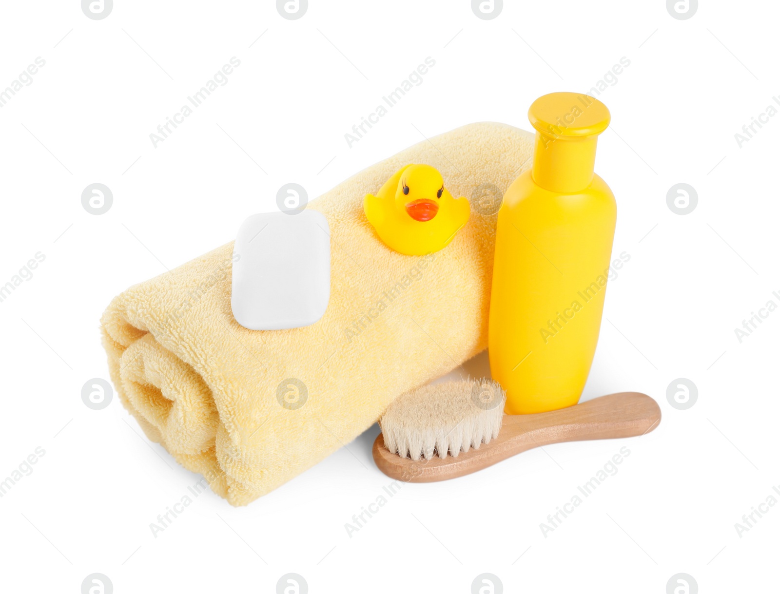 Photo of Baby cosmetic products, bath duck, brush and towel isolated on white