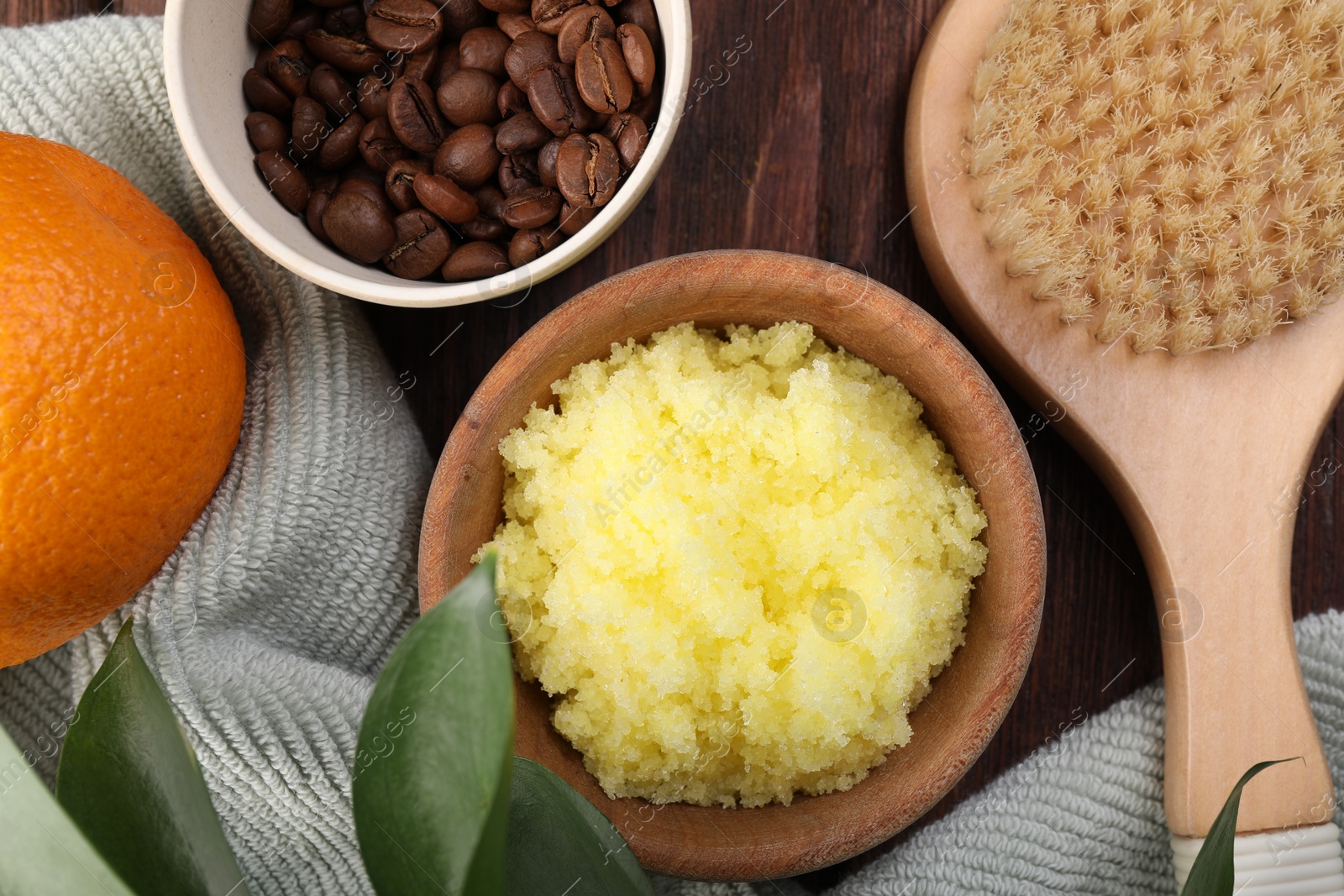 Photo of Flat lay composition with natural body scrub and fresh ingredients on wooden table. Anti cellulite treatment