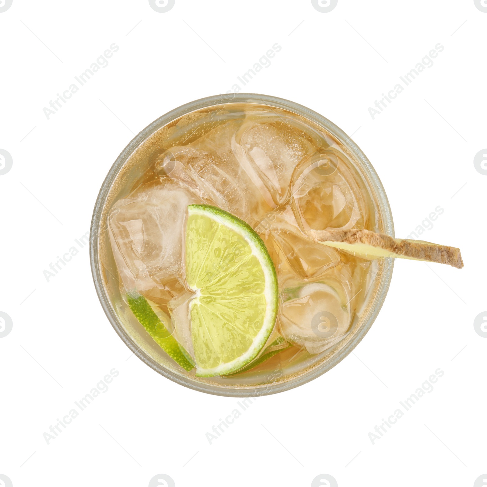 Photo of Glass of tasty ale with ice cubes, lime and ginger slices isolated on white, top view