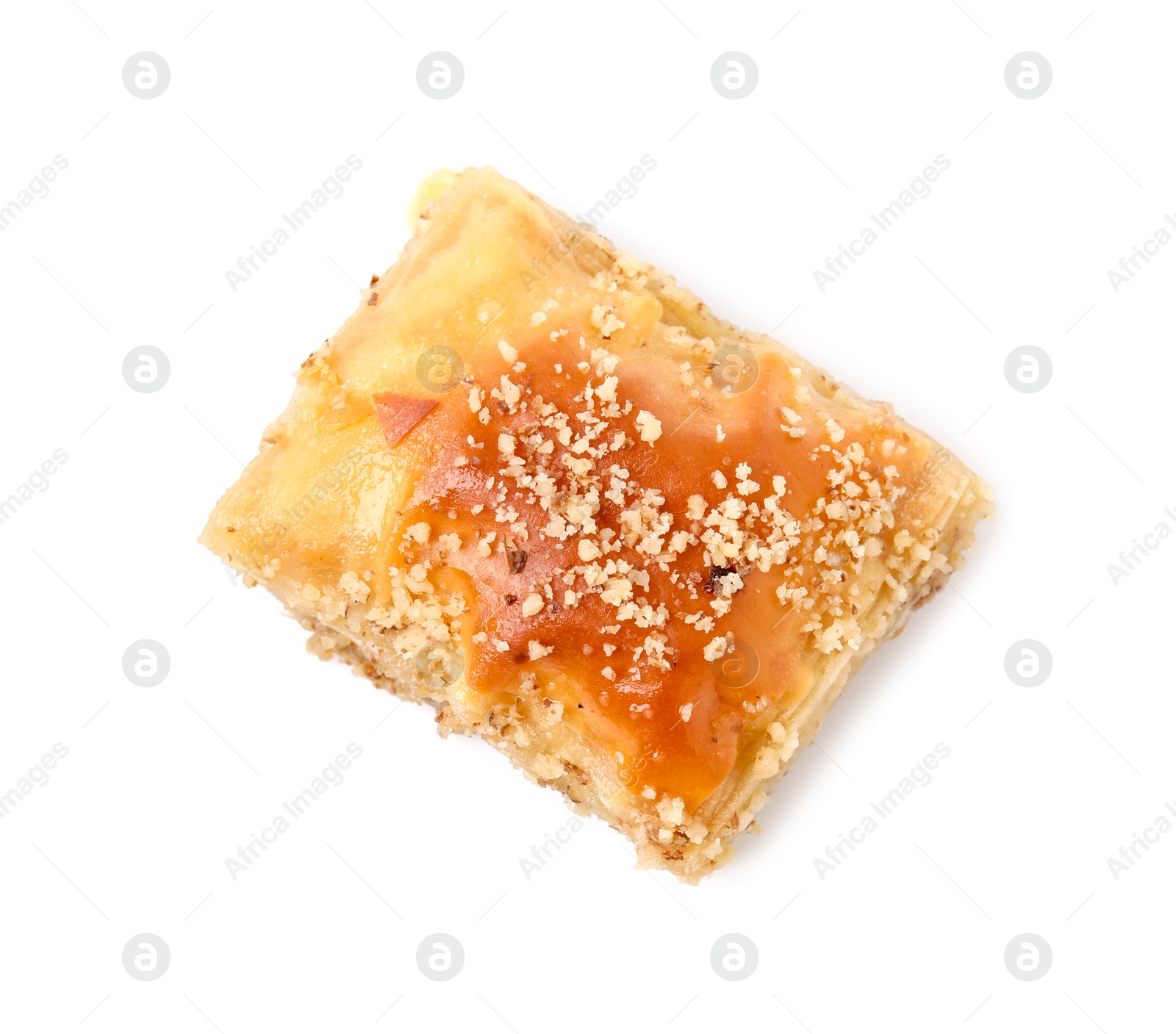 Photo of Eastern sweets. Piece of tasty baklava isolated on white, top view