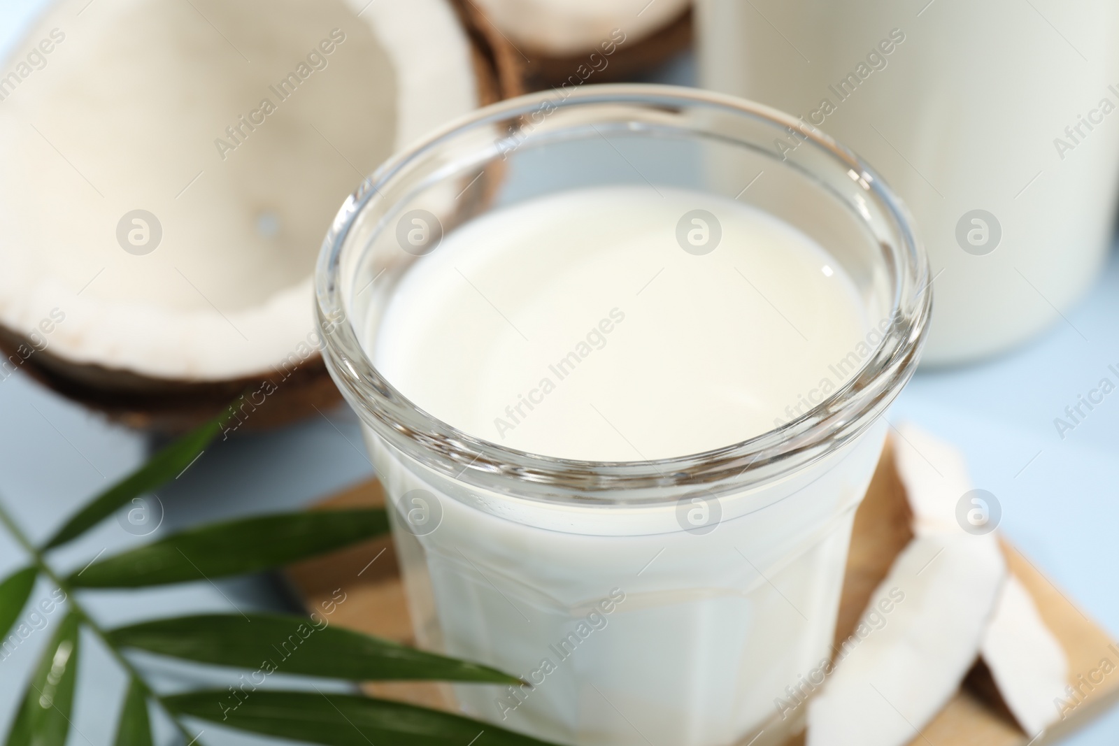 Photo of Glass of delicious vegan milk, coconuts and leaf on light blue background, closeup