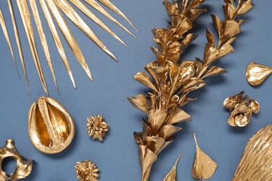 Flat lay composition with golden dried flowers on blue background