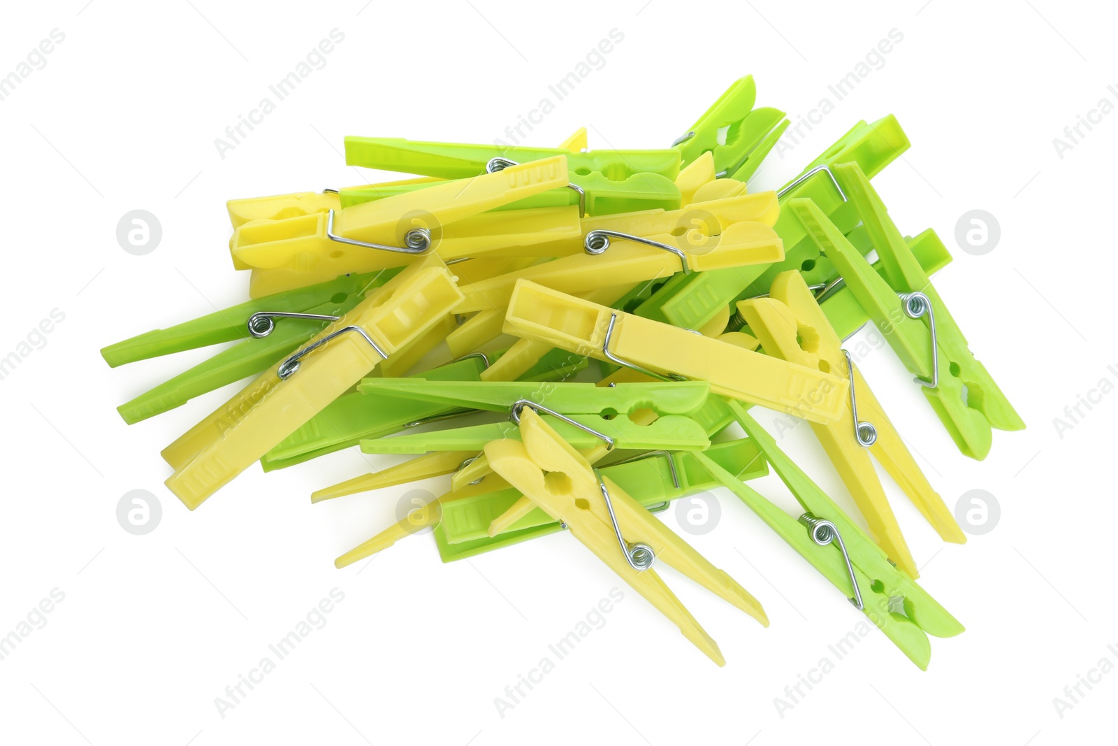 Photo of Colorful plastic clothespins on white background, top view