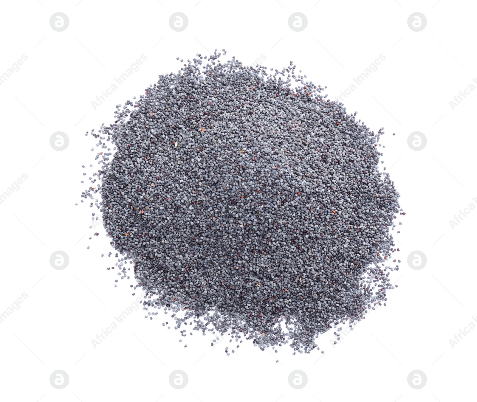 Photo of Pile of dry poppy seeds isolated on white, top view