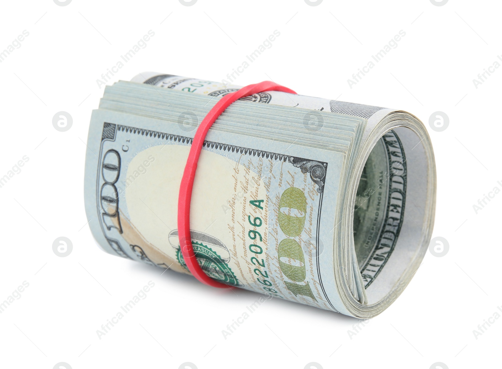 Photo of Roll of dollar bills with rubber band on white background