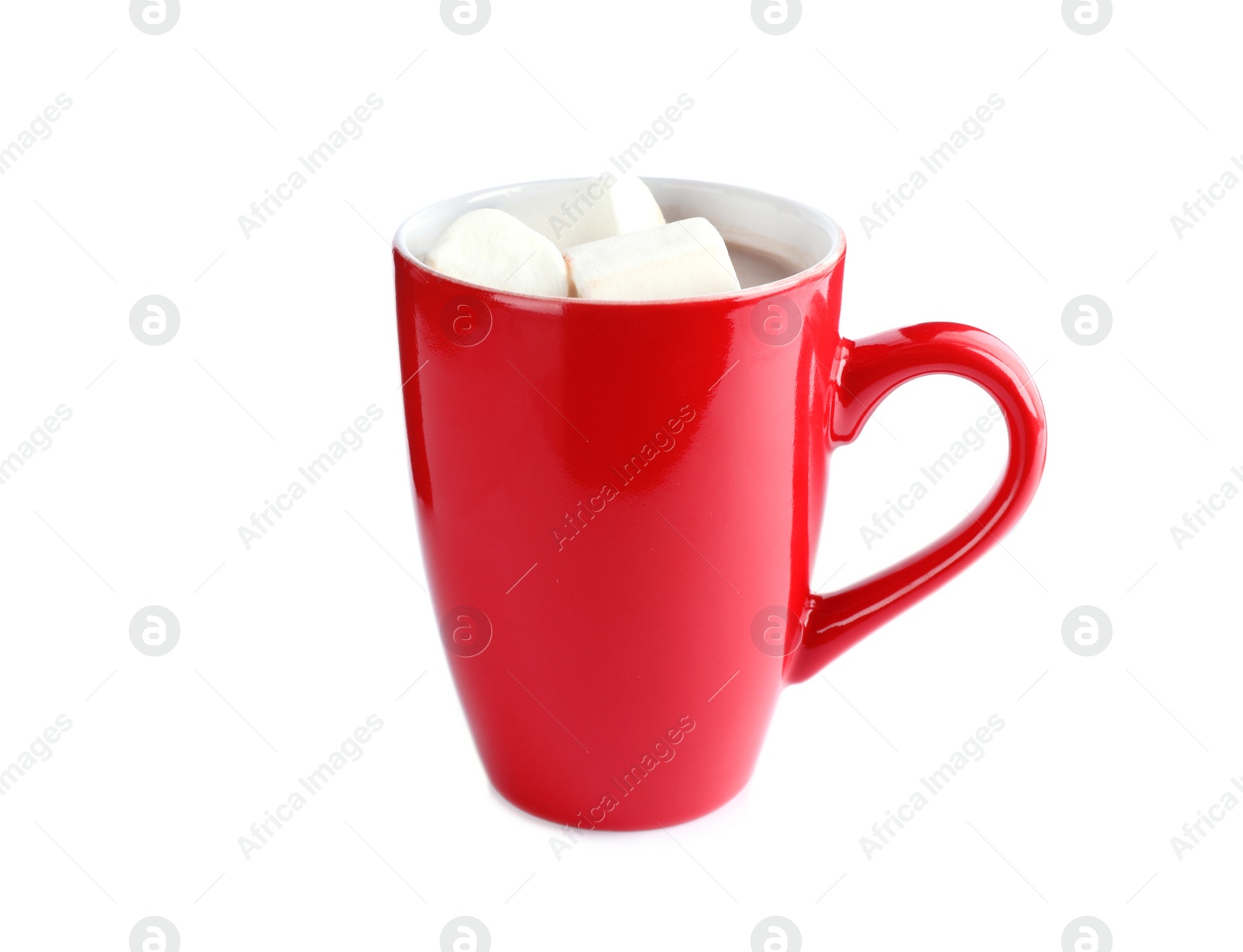 Photo of Cup of tasty cocoa with marshmallows on white background