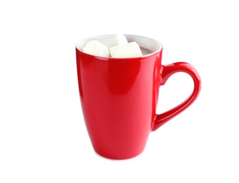 Cup of tasty cocoa with marshmallows on white background