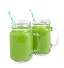 Photo of Tasty fresh kale smoothie on white background