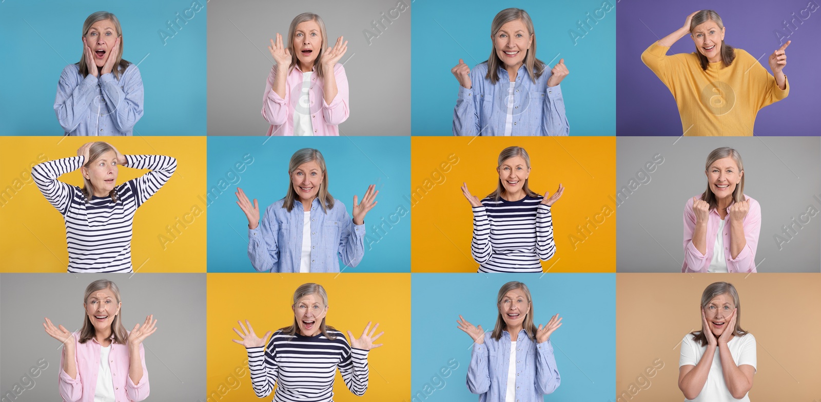 Image of Collage with photos of surprised woman on different color backgrounds