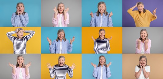 Image of Collage with photos of surprised woman on different color backgrounds