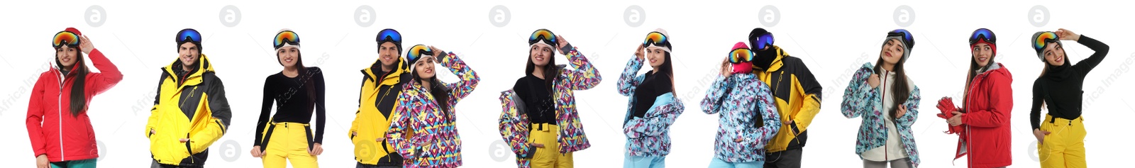 Image of Collage of people wearing winter sports clothes on white background. Banner design 