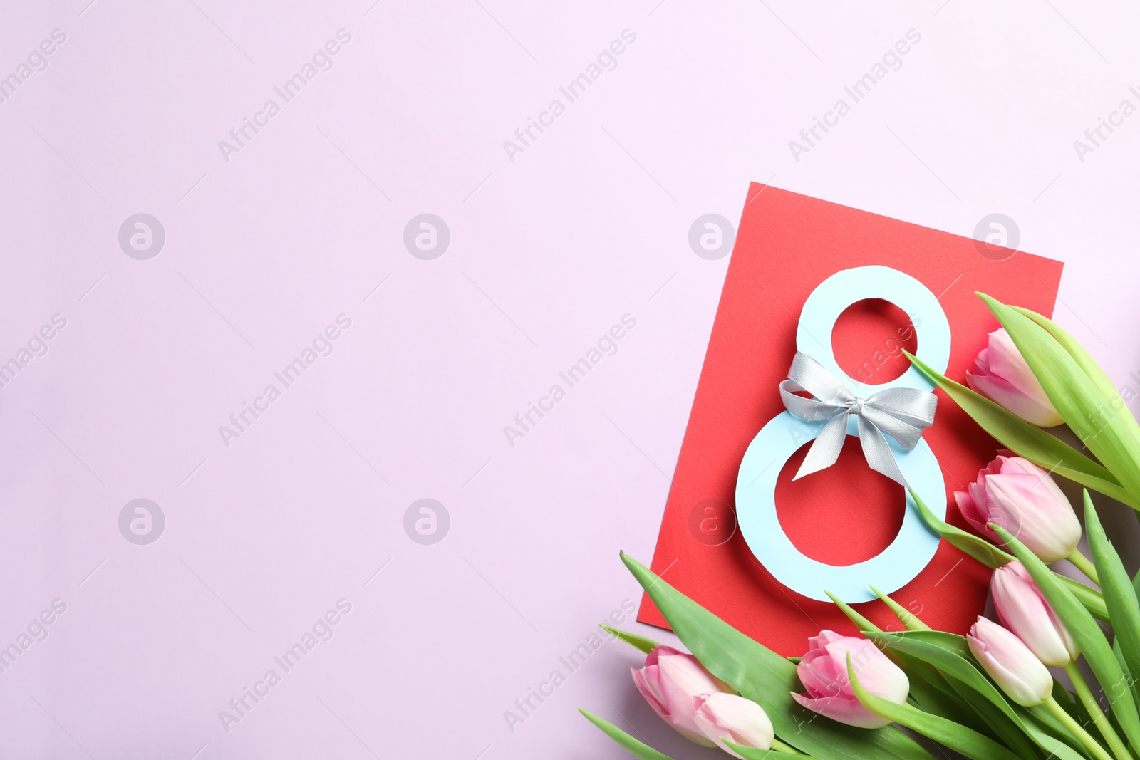 Photo of 8 March card design with tulips and space for text on violet background, flat lay. International Women's Day