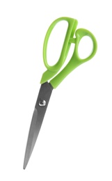 Pair of sharp scissors on white background