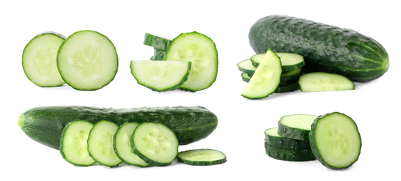 Image of Set of sliced cucumbers on white background. Banner design