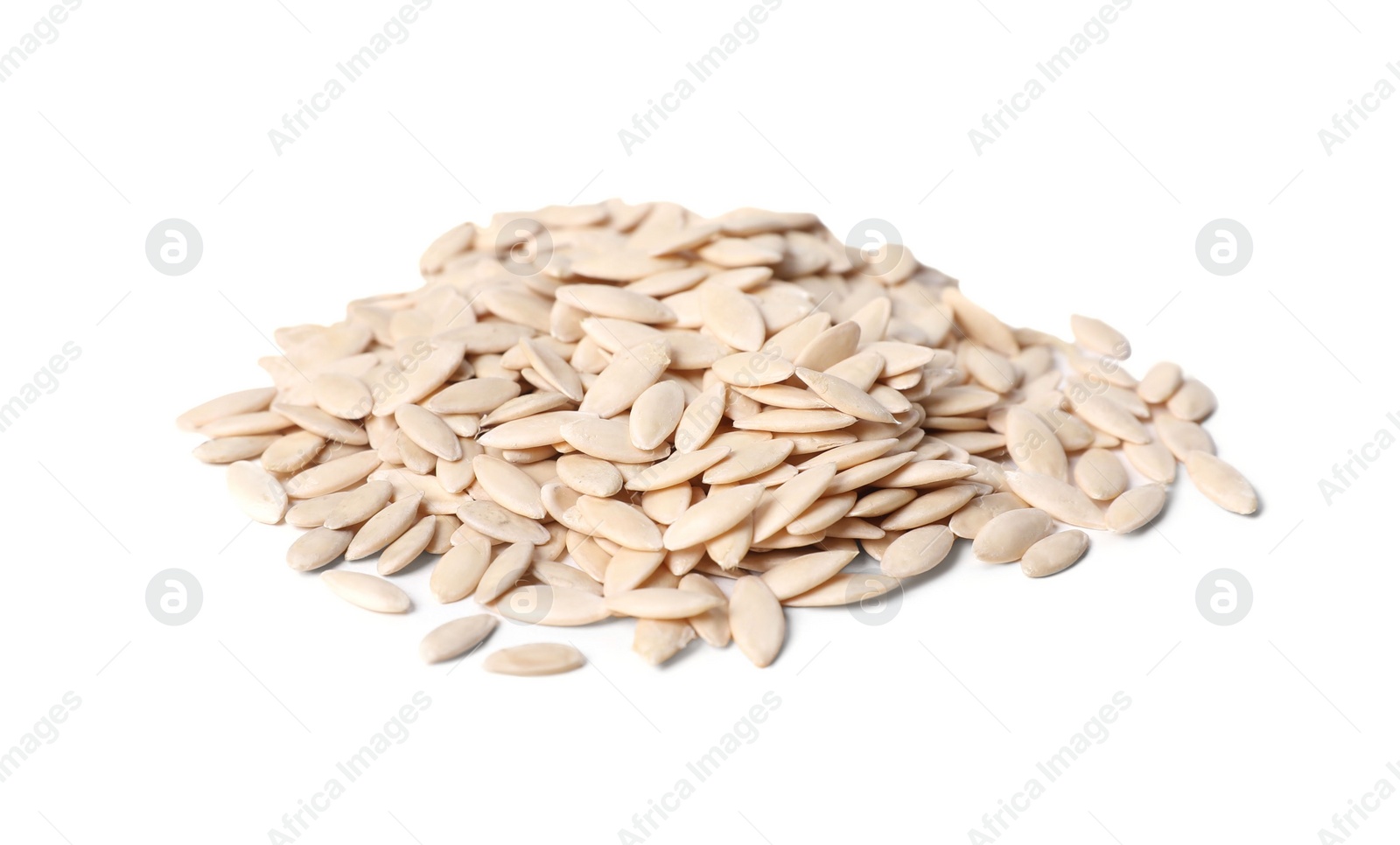 Photo of Pile of cucumber seeds on white background