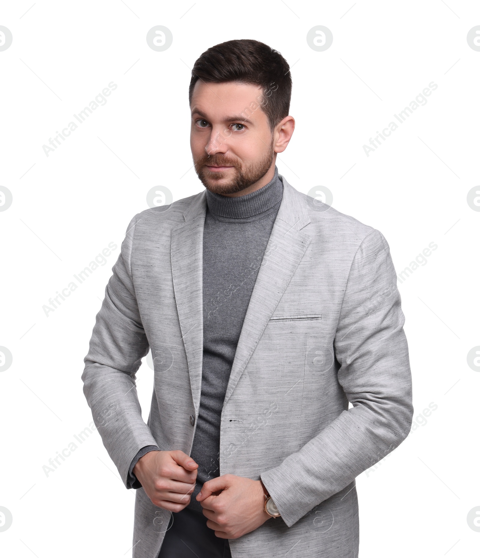 Photo of Handsome bearded businessman in suit on white background